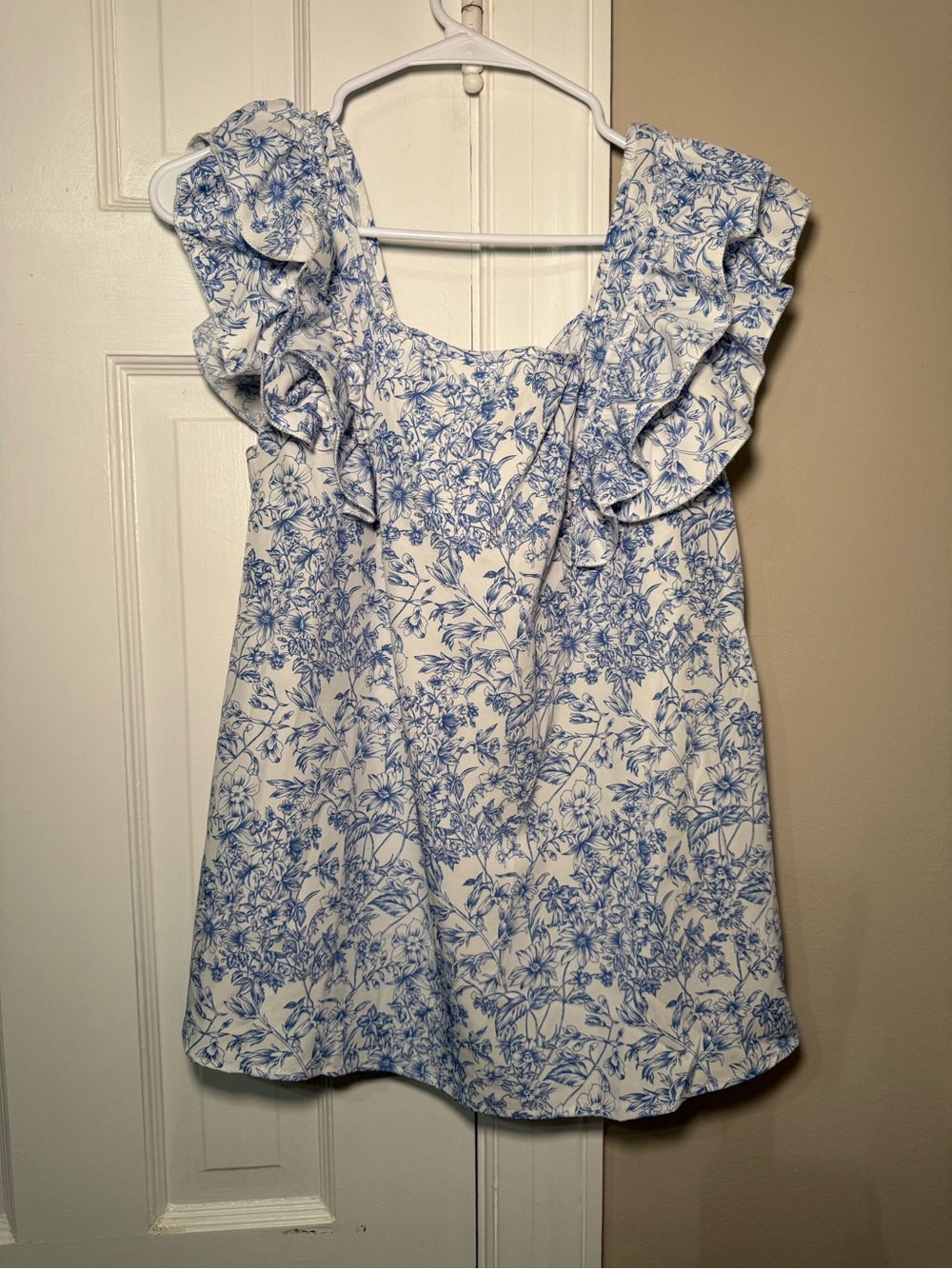 Blue and White Floral Ruffle Shoulder Top
